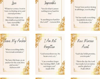 Könnte beinhalten: Neun Karten mit goldenen floralen Rändern und inspirierenden Zitaten. Die Karten zeigen Sätze wie "Ewiges Leben, ewige Liebe", "Gott des Unmöglichen" und "Göttliches Timing". Jede Karte enthält ein Zitat und eine entsprechende Bibelversreferenz.