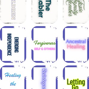 May include: Nine white rectangular cards with rounded corners, each featuring text in various colors. The cards display phrases like "Children," "The Enabler," "Toxic Family Member," "Emerging Independence," and "Forgiveness."