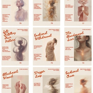 Puede incluir: Un conjunto de nueve cartas de tarot con ilustraciones y texto. Cada carta presenta una imagen y un título únicos, como "Shadow Identity", "Emotional Overload" y "Fragmented Worth". Las cartas están diseñadas con una estética vintage.