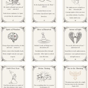 Pode incluir: Um conjunto de nove cartas de oráculo com bordas ornamentadas. Cada carta apresenta uma ilustração e texto únicos, incluindo frases como "Espírito da Verdade", "Palavra Viva" e "Coração de Leão". As cartas são para orientação espiritual.