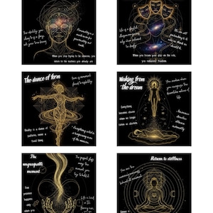 May include: Six square art prints with gold line art on a black background. Each print features a different spiritual theme with accompanying text. The prints include images of figures, faces, and abstract designs. The text is in English.