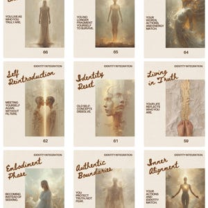 May include: Nine oracle cards on identity integration, each with an illustration of a person and text. The cards have a vintage style, with a cream background and brown text. The cards are numbered from 56 to 66.