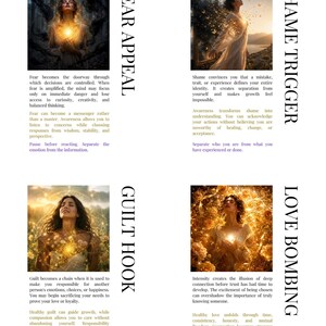 May include: A set of four 3.5x5 inch cards featuring illustrative imagery of individuals and glowing light, each labeled with the text Fear Appeal, Shame Trigger, Guilt Hook, and Love Bombing, accompanied by descriptive paragraphs of text.