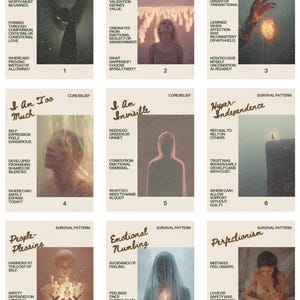 Puede incluir: Nueve cartas de estilo tarot con una estética vintage. Cada carta presenta un título, una imagen y texto. Las cartas exploran temas como la autoestima, las relaciones y los patrones emocionales. La paleta de colores es apagada con tonos sepia.