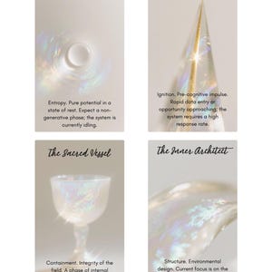 May include: Four tarot cards with ethereal imagery and text. The cards are titled "The Great Void," "The Primal Spark," "The Sacred Vessel," and "The Inner Architect." Each card features a unique design and descriptive text, with a soft, glowing aesthetic.