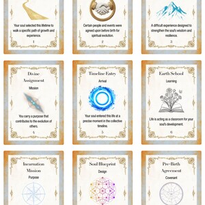 May include: Nine tarot cards with gold borders and ornate designs. Each card features a title, a short description, and a unique illustration. The cards cover themes like destiny, agreements, challenges, and spiritual growth.
