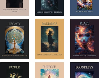 May include: Nine tarot cards with various illustrations and text. The cards feature images of people, nature, and abstract concepts. Each card has a title and keywords such as "Embodiment", "Union", and "Devotion".