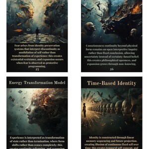 Może przedstawiać: Cztery karty tarota z surrealistycznymi obrazami i tekstem. Karty zatytułowane są "Fear of Nonexistence", "Continuity Question", "Energy Transformation Model" i "Time-Based Identity". Każda karta ma unikalną ilustrację i opisowy tekst, o wymiarach 8,9 x 12,7 cm.