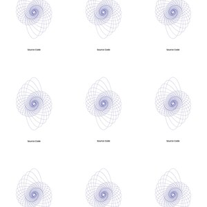 Op de afbeelding: Negen identieke abstracte ontwerpen op een witte achtergrond. Elk ontwerp heeft een spiraalpatroon in blauw- en grijstinten, met de tekst "Source Code" onder elke afbeelding.