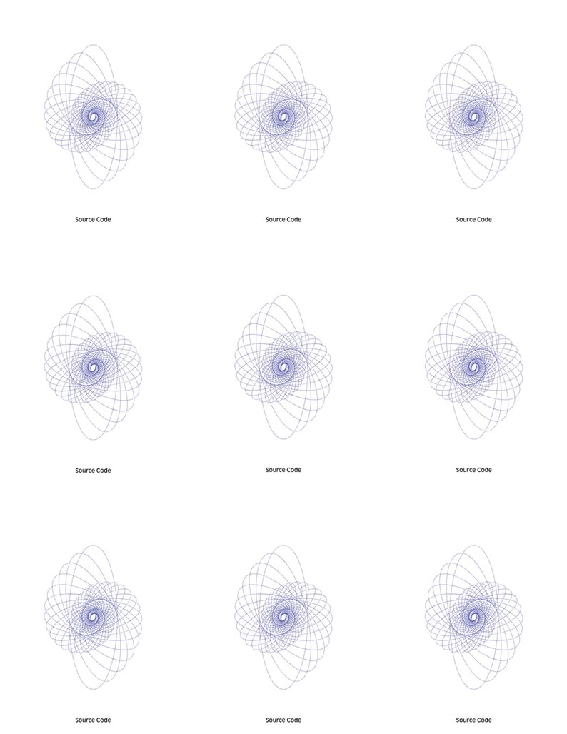 Op de afbeelding: Negen identieke abstracte ontwerpen op een witte achtergrond. Elk ontwerp heeft een spiraalpatroon in blauw- en grijstinten, met de tekst "Source Code" onder elke afbeelding.