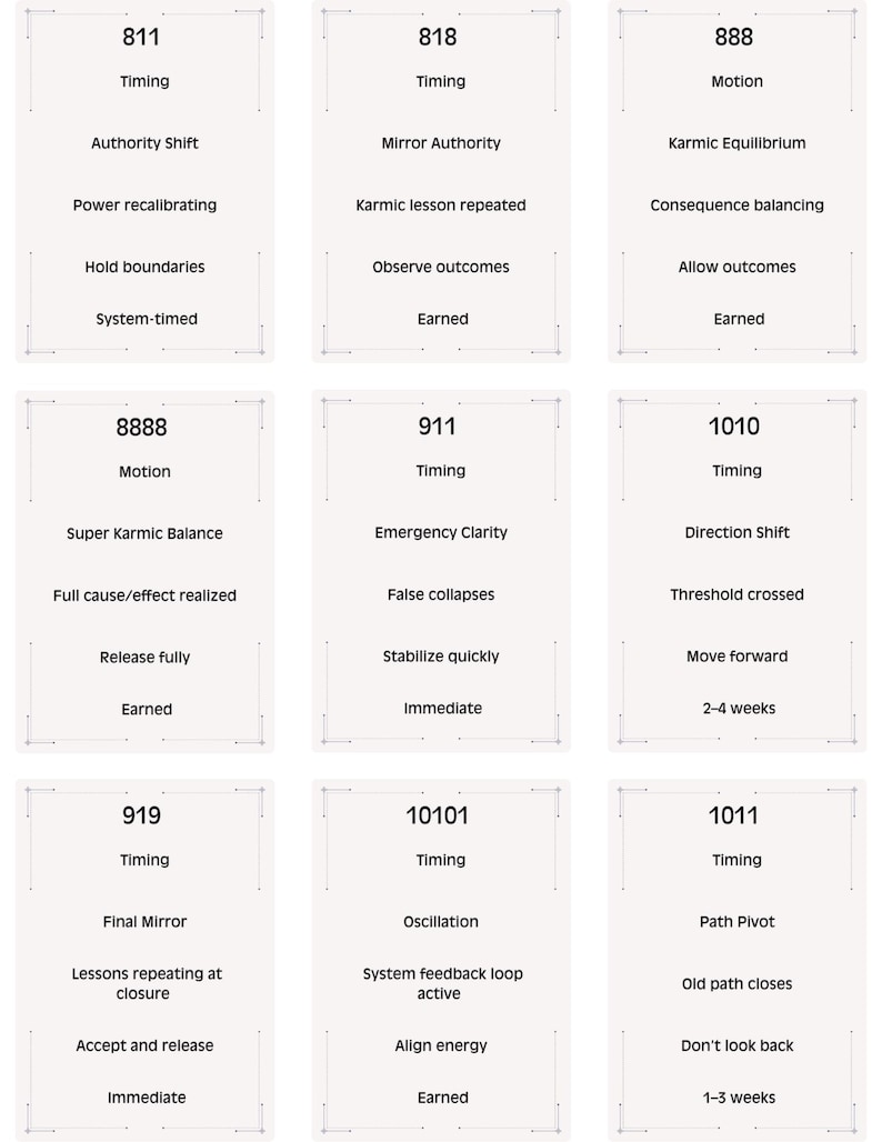 Op de afbeelding: Negen witte rechthoekige kaarten met zwarte tekst. Elke kaart bevat bovenaan een nummer van drie of vier cijfers, gevolgd door het woord "Timing" of "Motion", en een lijst met gerelateerde zoekwoorden. De kaarten zijn gerangschikt in een raster van drie bij drie.