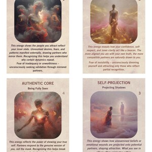 May include: Four tarot cards with mystical imagery and text. The cards are labeled "Mirror Energy," "Inner Magnetism," "Self-Projection," and "Authentic Core." Each card features a central image of a person or figures in a dreamlike setting.