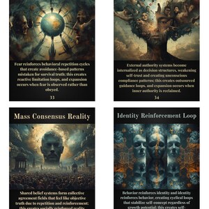 Może przedstawiać: Cztery karty tarota z surrealistycznymi ilustracjami i tekstem. Karty są oznaczone jako "Fear Loop Conditioning", "Authority Internalization", "Mass Consensus Reality" i "Identity Reinforcement Loop". Każda karta zawiera unikalne, szczeg&oacute;łowe dzieło sztuki z towarzyszącym tekstem opisowym i numerem.