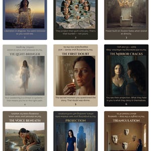 May include: Nine tarot cards with diverse imagery and text. Each card displays a distinct illustration and title, including "The Exile" and "The Accuser." The cards have a dark blue border and white text.