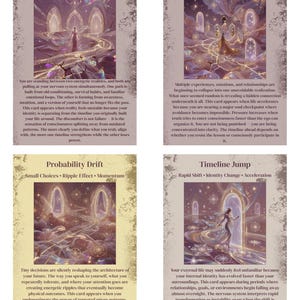 May include: Four tarot cards with illustrations and text. The cards are titled "The Split Timeline", "Convergence Point", "Probability Drift", and "Timeline Jump". Each card features a unique image and descriptive text.