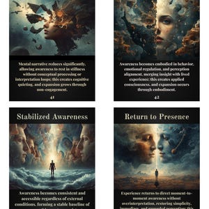 Może przedstawiać: Cztery karty tarota z czarną obw&oacute;dką, każda z innym obrazem i tekstem. Karty są oznaczone jako "Silence Phase", "Integration Phase", "Stabilized Awareness" i "Return to Presence". Każda karta ma unikalną ilustrację.