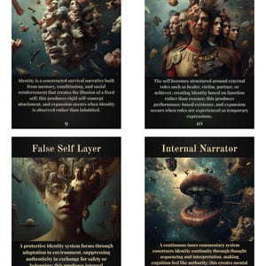 Może przedstawiać: Cztery karty tarota z surrealistycznymi ilustracjami i tekstem. Karty są oznaczone jako "Ego Identity", "Role Attachment", "False Self Layer" i "Internal Narrator". Każda karta zawiera unikalne przedstawienie artystyczne i opisowy tekst.