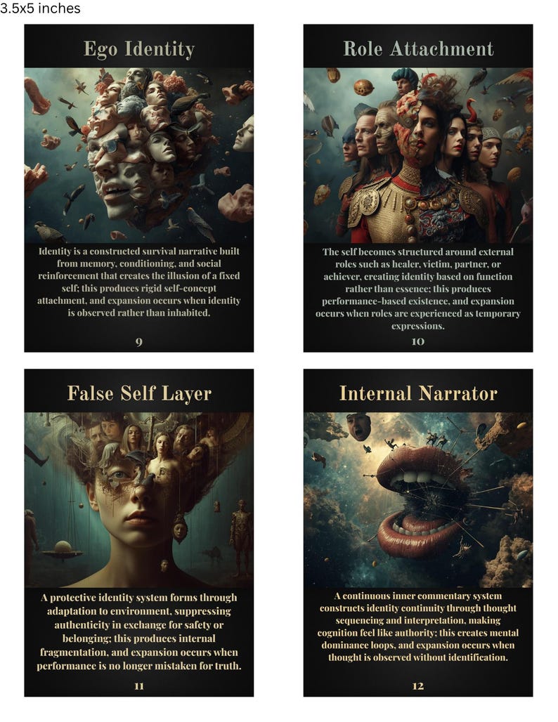 Może przedstawiać: Cztery karty tarota z surrealistycznymi ilustracjami i tekstem. Karty są oznaczone jako "Ego Identity", "Role Attachment", "False Self Layer" i "Internal Narrator". Każda karta zawiera unikalne przedstawienie artystyczne i opisowy tekst.