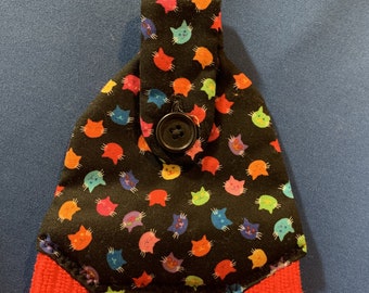 READY TO SHIP - Hanging Hand Towel (Tea Towel) Cat-Themed Red Microfiber Towel with Neon Cat Heads on Black Fabric Top - 22345