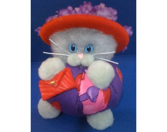 Kitty Karefree - Red Hat Caricature Cat Purrsonality - Fiber Art Collectible 45