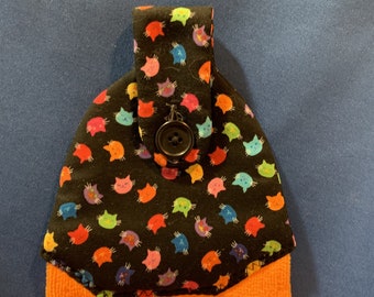 READY TO SHIP - Hanging Hand Towel (Tea Towel) Cat-Themed Orange Microfiber Towel with Neon Cat Heads on Black Fabric Top - 22346