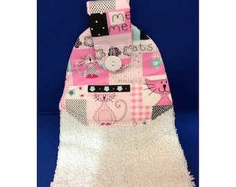 READY TO SHIP - Hanging Hand Towel (Tea Towel) Cat-Themed Light Blue Towel with Cat-Themed Multi-Pink Color Fabric Top - 22332