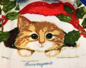 READY TO SHIP - Hanging Hand Towel (Tea Towel) Christmas Cat-Themed Towel Snowcat with White Crocheted Top - 22172