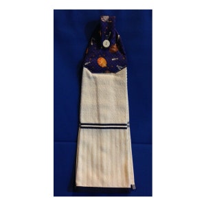 READY TO SHIP - Hanging Hand Towel (Tea Towel) Cat-Themed Ecru Colored Striped Towel with Cat-Themed Fabric Top - 22343