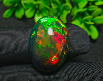 May include: An oval-shaped black opal gemstone featuring a dark base color with vibrant, multi-colored flashes of red, green, and orange throughout its surface. The stone has a smooth, polished finish and displays a high degree of color play.