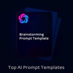 May include: A dark blue graphic with a swirling logo in pink and blue. The text "Brainstorming Prompt Template" is displayed in white, with "Top AI Prompt Templates" at the bottom. The background is a gradient of dark blue and purple.