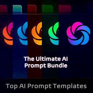 May include: A digital graphic with a dark background features a series of colorful logos. Each logo is a stylized, curved shape in shades of orange, blue, yellow, green, and pink. Text reads "The Ultimate AI Prompt Bundle" and "Top AI Prompt Templates."