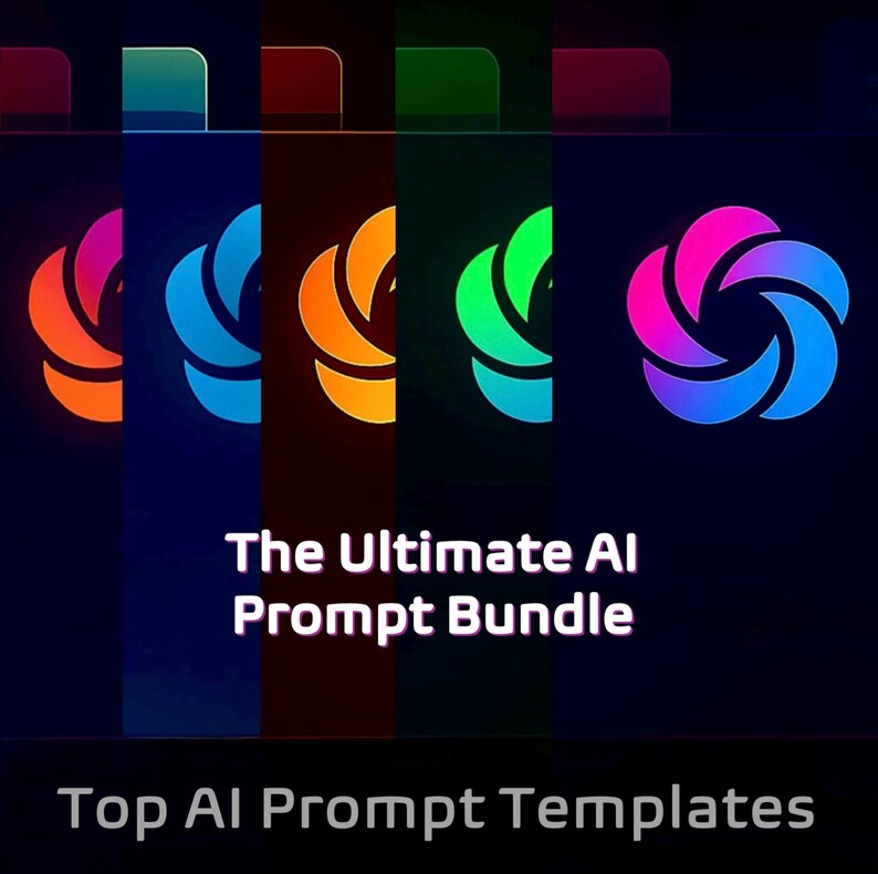 May include: A digital graphic with a dark background features a series of colorful logos. Each logo is a stylized, curved shape in shades of orange, blue, yellow, green, and pink. Text reads "The Ultimate AI Prompt Bundle" and "Top AI Prompt Templates."