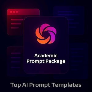May include: A digital graphic with a dark background features a central, rounded square with a logo of swirling orange and purple shapes. The text "Academic Prompt Package" is below the logo, with "Top AI Prompt Templates" at the bottom.