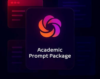 May include: A digital graphic with a dark background features a central, rounded square with a logo of swirling orange and purple shapes. The text "Academic Prompt Package" is below the logo, with "Top AI Prompt Templates" at the bottom.
