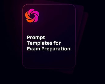 Könnte beinhalten: Eine digitale Grafik mit dunklem Hintergrund zeigt ein stilisiertes Logo in Pink- und Orangetönen. Der Text "Prompt Templates for Exam Preparation" wird auf einem dunkelvioletten Hintergrund angezeigt. Darunter ist der Text "Top AI Prompt Templates" zu sehen.