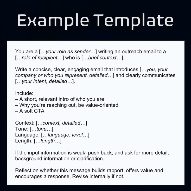May include: A white document with the title "Example Template" in a bold, sans-serif font. The document contains bullet points and prompts for writing an outreach email, including context, tone, language, and length. The background is dark blue.