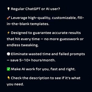 May include: Text on a dark blue background reads: "Regular ChatGPT or AI user?" followed by bullet points describing the benefits of using AI templates, including accurate results, time savings, and efficient AI use.