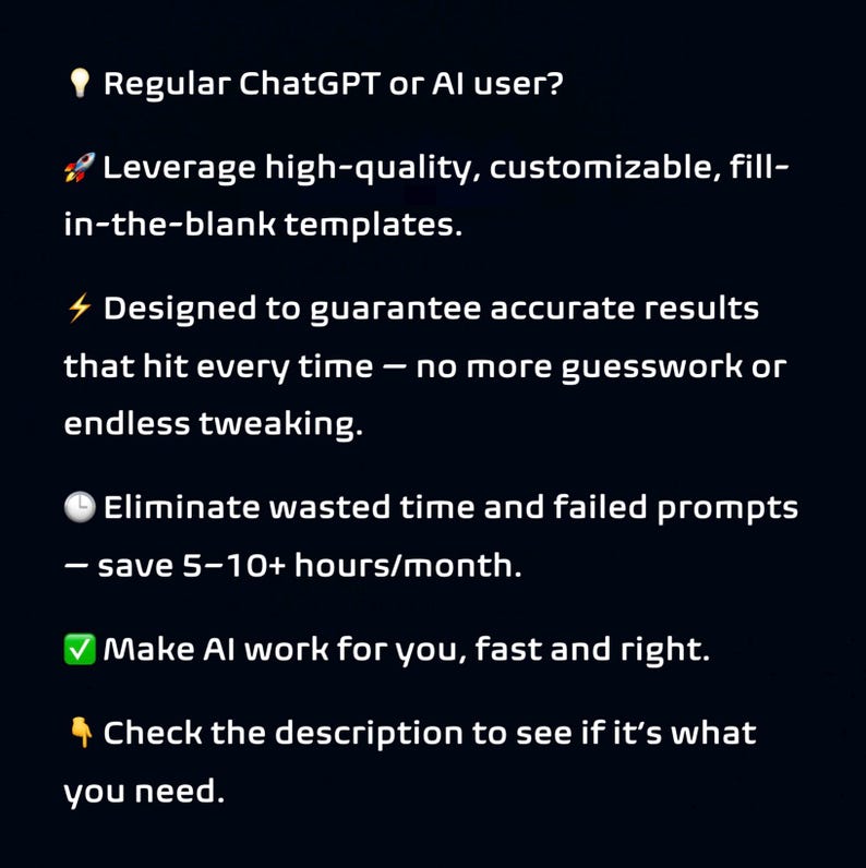 May include: Text on a dark blue background reads: "Regular ChatGPT or AI user?" followed by bullet points describing the benefits of using AI templates, including accurate results, time savings, and efficient AI use.