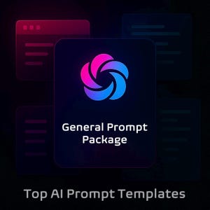 May include: A digital graphic with a dark background features a central logo with a swirling design in shades of pink and blue. The text "General Prompt Package" is displayed below the logo, with "Top AI Prompt Templates" at the bottom.