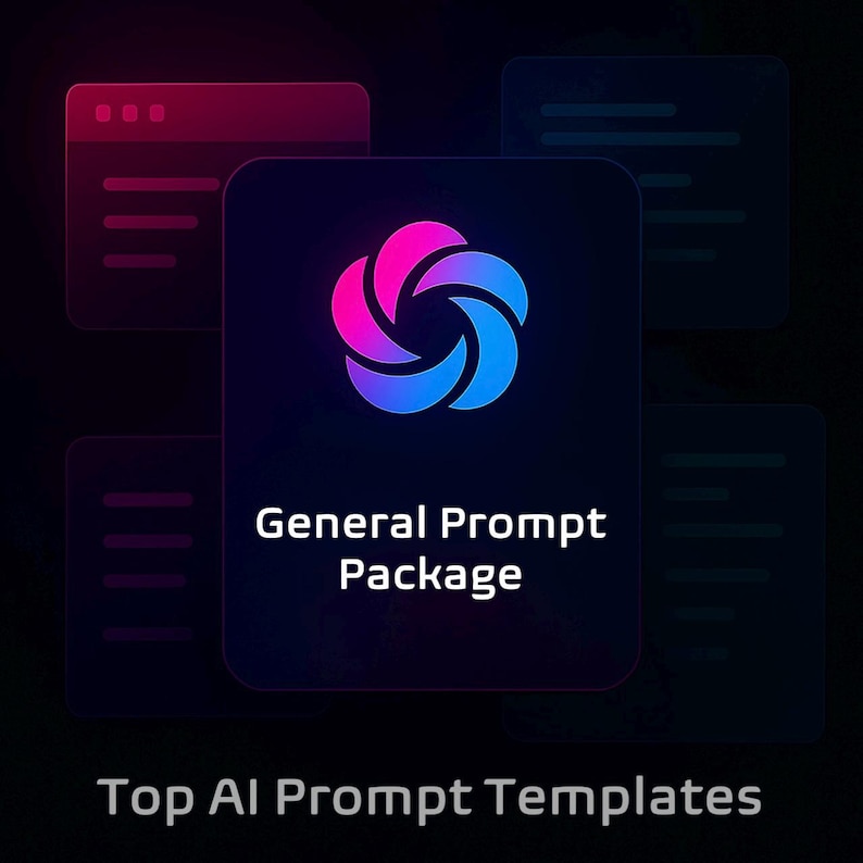 May include: A digital graphic with a dark background features a central logo with a swirling design in shades of pink and blue. The text "General Prompt Package" is displayed below the logo, with "Top AI Prompt Templates" at the bottom.