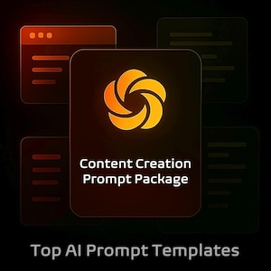 May include: A digital graphic with a dark background features a central icon with a swirling, orange and yellow design. The text "Content Creation Prompt Package" is displayed below the icon, with "Top AI Prompt Templates" at the bottom.
