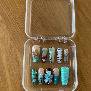 Deep Sea Shark Press On Nails, Zebra Shark Press On Nails, Ocean Vibes Square Nail Art, Underwater Shark Nails, Blue Chrome Press Ons