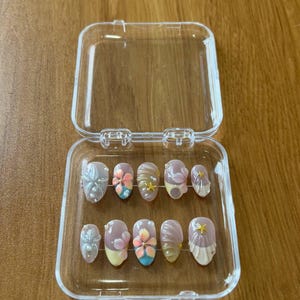 Handmade Beach Fake Nails, Playful Beach Fake Nails, Cute Fake Nails with Flowers, Pink Floral Patterns for Cute Girls