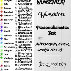 Peut inclure: Image présentant 30 polices de caractères et 25 couleurs de vinyle. L'image comprend des exemples de texte dans différentes polices, ainsi que les mots "Wunschtext", "Personalisierter Text" et "Autoaufkleber".