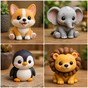 May include: A set of four small animal figurines including a tan and white Corgi, a gray elephant, a black and white penguin, and a yellow lion with a brown mane. Each figurine features large black eyes and a smooth, matte finish.