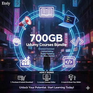 Może przedstawiać: Grafika cyfrowa promująca "700GB Udemy Courses Bundle". Obraz zawiera neonowy niebieski okrągły wzór z ikonami megafonu, książki, laptopa i symboli kodowania. Tło przedstawia nocną ulicę miasta.