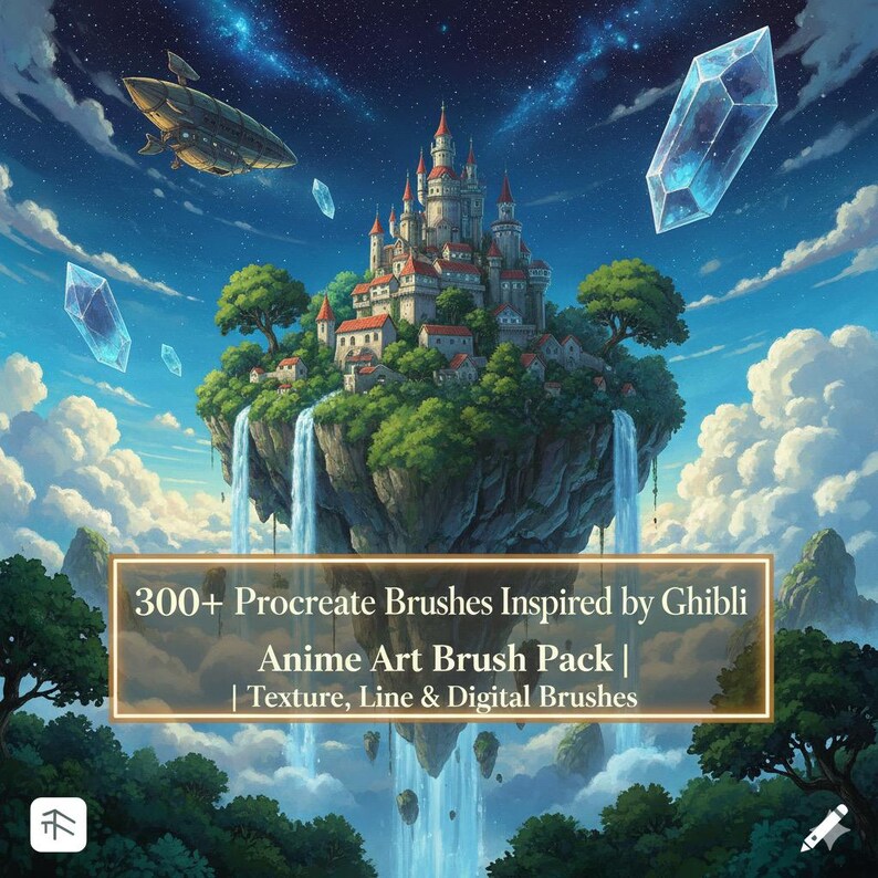 May include: Digital art pack with a fantasy landscape featuring a castle on a floating island with waterfalls. The image includes a blimp, crystals, and text that reads "300+ Procreate Brushes Inspired by Ghibli".