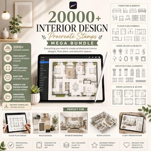 Könnte beinhalten: Ein digitales Set mit über 20000 Procreate-Stempeln für Innenarchitektur, darunter Grundrisssymbole, Möbel, Wohndekor und architektonische Elemente. Das Paket enthält ein Tablet mit einem Grundriss, organisierte Kategorien sowie Beispiele für Moodboards, Raumlayouts und Kundenpräsentationen für professionelle Designprojekte.