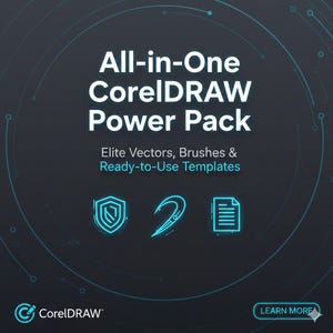 Può includere: Grafica grigio scuro con il testo "All-in-One CorelDRAW Power Pack" in bianco. Sotto, si legge "Elite Vectors, Brushes & Ready-to-Use Templates". Il logo CorelDRAW è in basso a sinistra, con un pulsante "Learn More" in basso a destra.