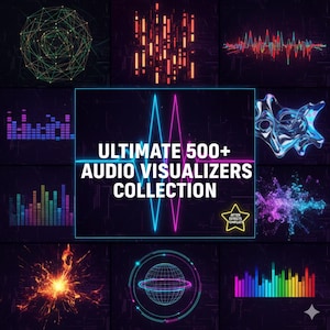 Op de afbeelding: Een digitaal kunstwerk met een verzameling audio visualizers. De centrale tekst luidt "ULTIMATE 500+ AUDIO VISUALIZERS COLLECTION" in het wit. De achtergrond is donker met neonblauwe en roze accenten en diverse abstracte vormen.